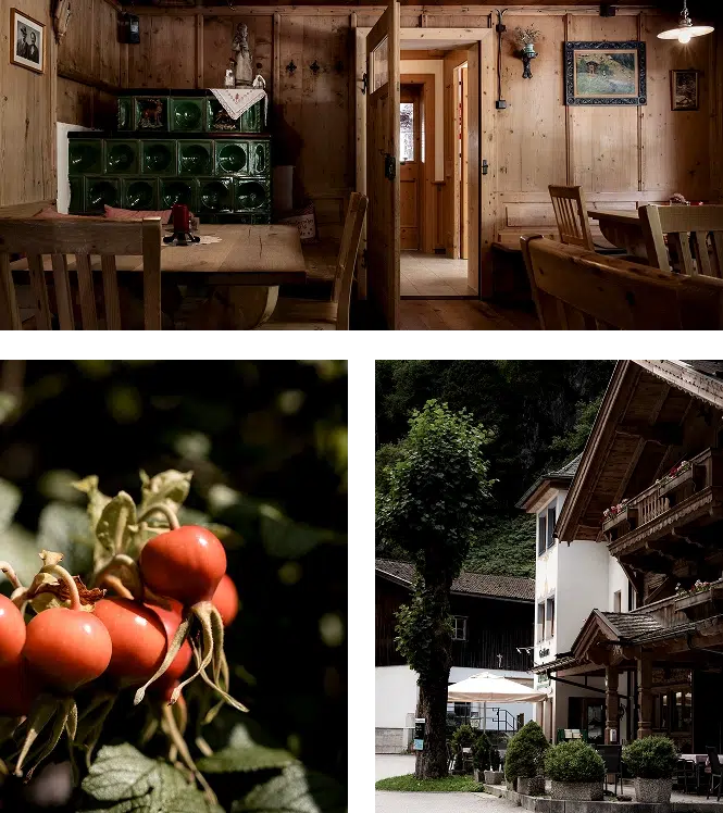 Gemütlicher hölzerner Speisesaal, reife Tomaten und rustikale Design-Akzente der Marke Alpenhotel.