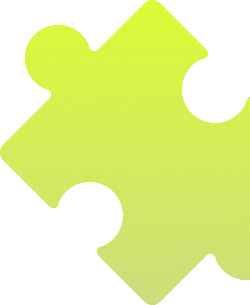 Gelbes Puzzlestück mit einem Knopf und zwei Löchern, die Hotelschnittstellen symbolisieren, auf Schwarz.