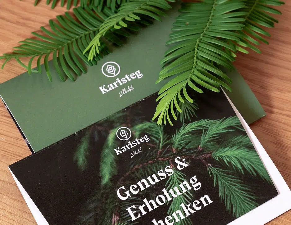 Zwei grüne Hotel-Branding-Design-Broschüren mit Tannenzweigen und deutschem Text, auf Holz mit Farnen.