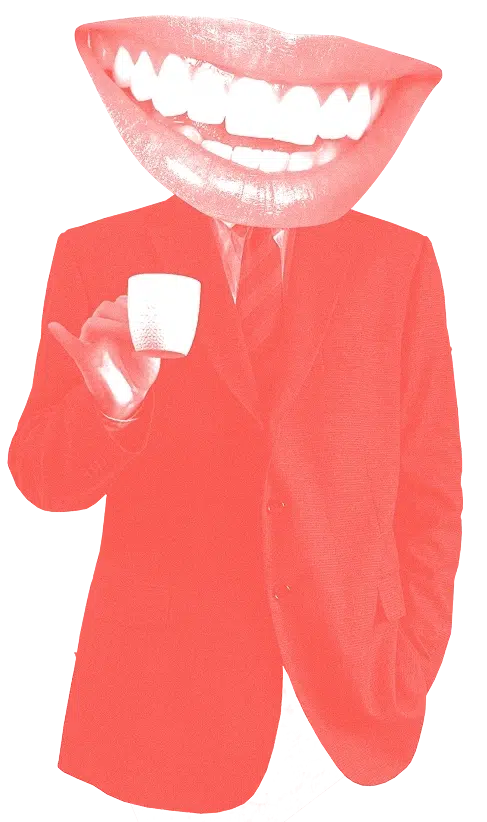 Eine passende Figur mit einem riesigen lächelnden Kopf hält eine Tasse, perfekt für die Hotelberatung.