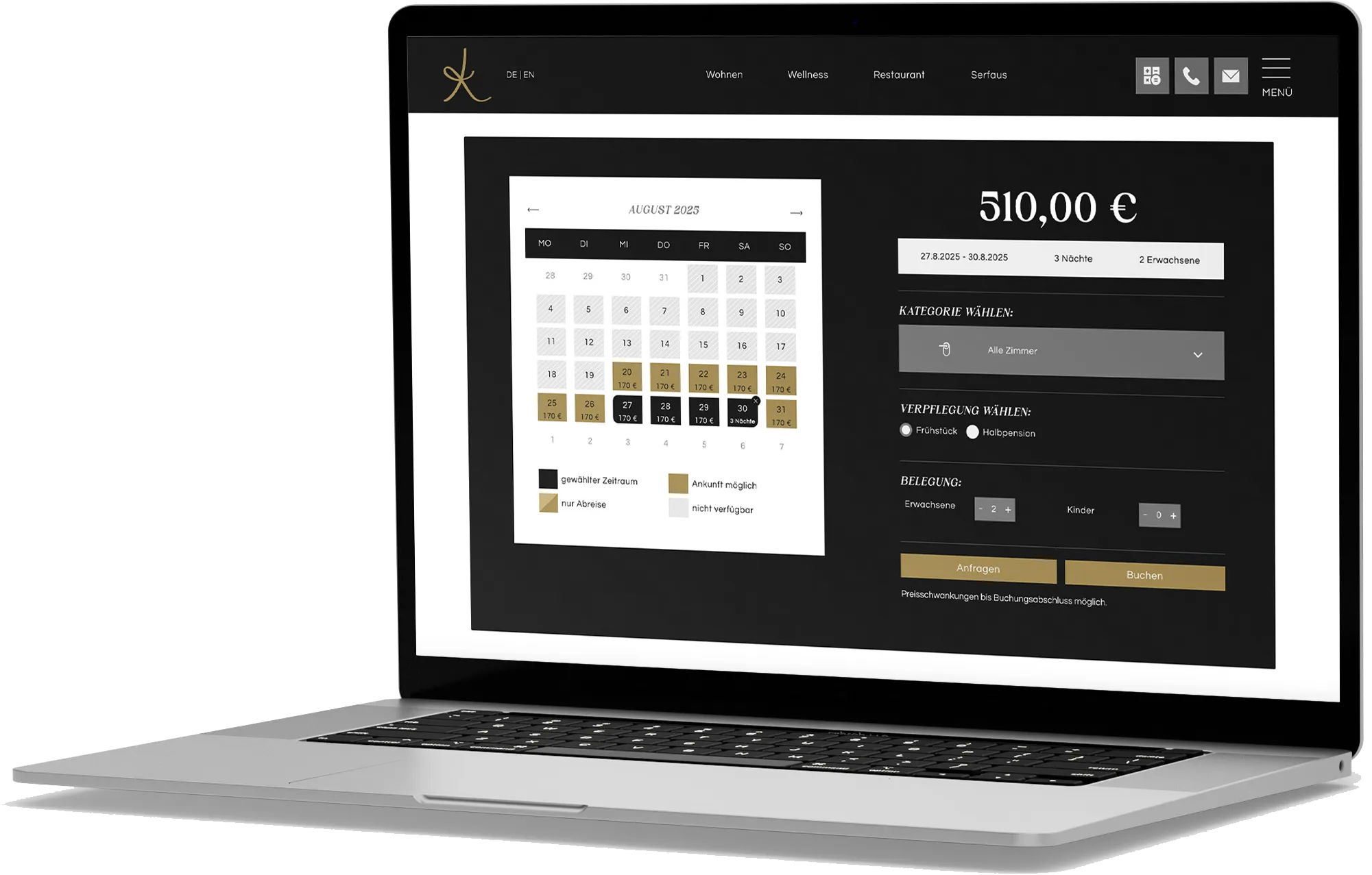 Laptop, der eine Hotelmarketing-Webseite mit Kalender und Preisangaben anzeigt.